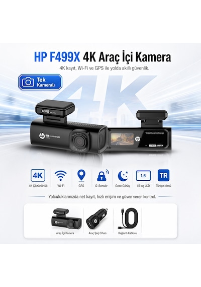 Hp F499x 4k Wdr, Araçiçi Kamera, 1.5 Inch Renkli Lcd Ekran, Gps Li, Wi-fi Destekli