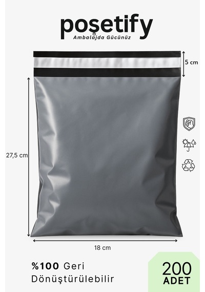 Cepsiz Kargo Poşeti 18x27,5x5 Cm 200 Adet E-ticaret Poşeti Gri Yapışkan Bantlı Kargo Zarfı
