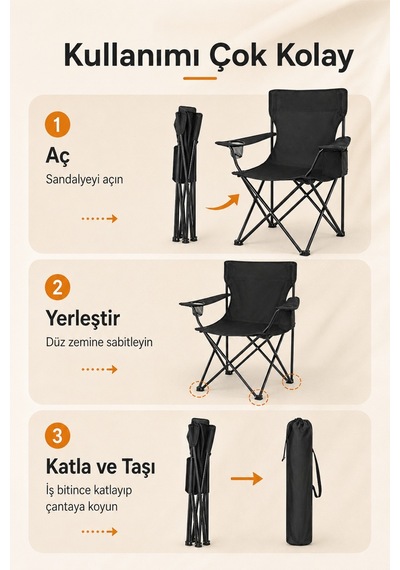 1 Adet Katlanır Kamp Piknik Sandalyesi Dikdörtgen Bardaklıklı Siyah