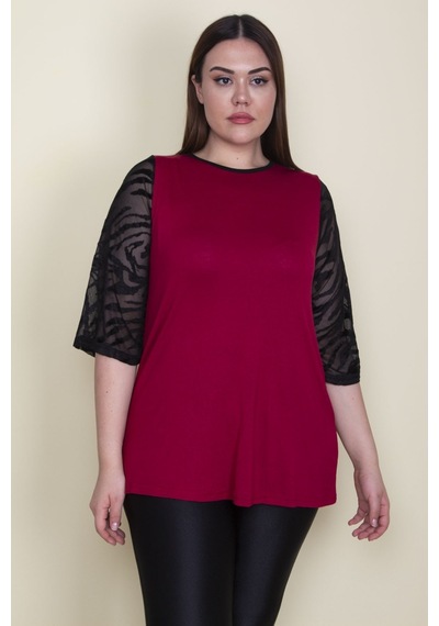 Şans Kadın Bordo Kolları Flok Tül Detaylı Viskon Bluz 65n25580-nar Narçiçeği