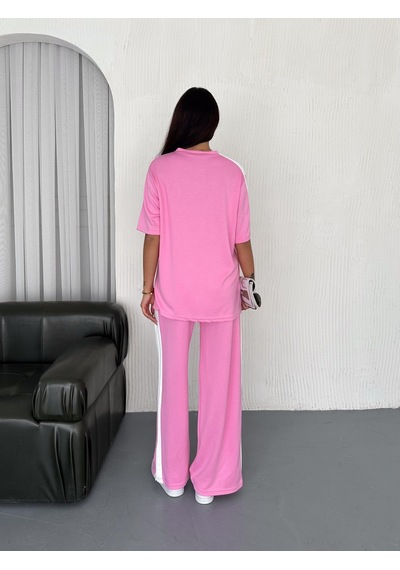 Elaxi Modal Şeritli Yırtmaç Detaylı Pantolon Tişort Takım Pembe