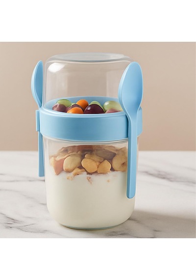 Açık Mavi Saklama Kabı 2 Katlı Taşınabilir Yemek Kabı, Kaşık Ve Çatal Dahil 18x10 Cm Çok Renkli