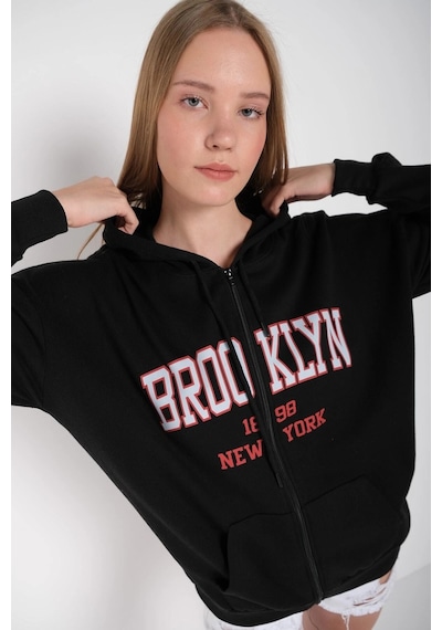 Tarzsokak Kadın Siyah Brooklyn Baskılı Oversize Hırka Brooklynhırka