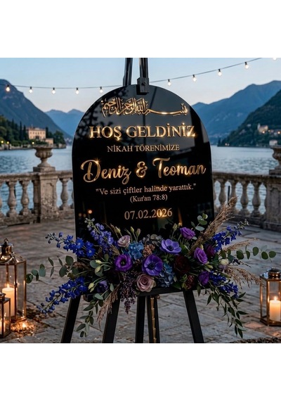 Siyah Akrilik Düğün Karşılama Panosu 50x80 Cm Gold Yazılı Nikah Tabelası Büyük Boy