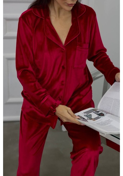 Gizotti Kırmızı Gofrajlı Kalp Nakışlı Uzun Kadife Pijama Takımı Xl Kırmızı