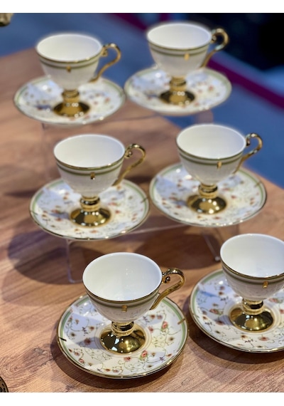 6lı Arlen Çiçek Tabaklı Yeşil Gold Ayaklı Türk Kahve Fincan Takımı