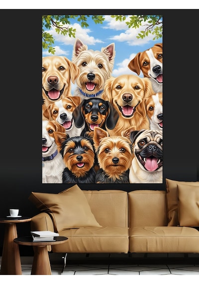 Ahşap Tablo Farklı Cins Köpeklerin Grup Portresi