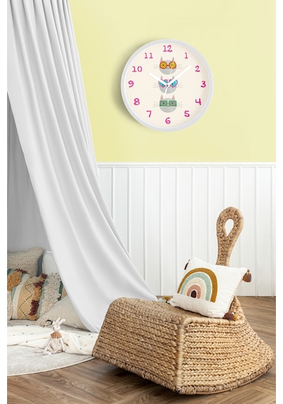 Sevimli Kediler Modern Duvar Saati - Çocuk Odası Duvar Saati - 30cm - Önü Camlı Beyaz Kasa Beyaz