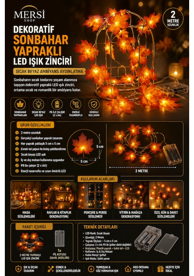 Dekoratif Sonbahar Yapraklı Led Işık Zinciri 2 Metre Pilli Sıcak Beyaz Ambiyans Aydınlatma