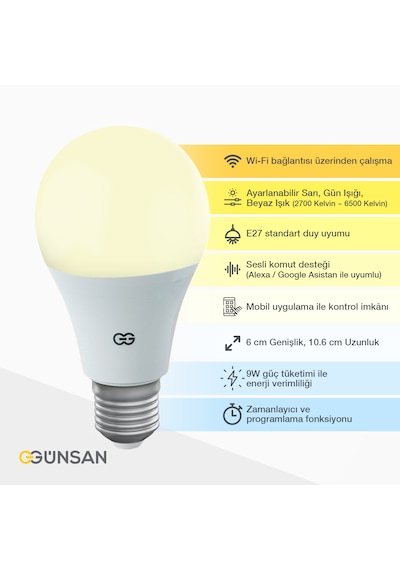 Günsan Akıllı Wifi Led Ampul Beyaz Işık Tuya Ve Smart Life Uygulama Destekli 9w 2700k-6500k Ayarlanabilir Beyaz Işık