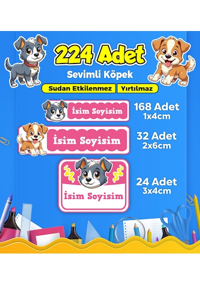 Sevimli Köpek Temalı Okul Kreş Kişiye Özel İsim Etiket Seti - Model 423 Çok Renkli