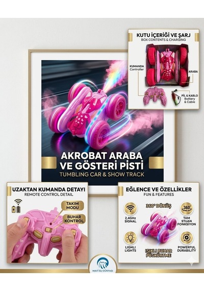Uzaktan Kumandalı Pembe Renk Full Fonksiyon 2.4 Ghz Şarjlı Işıklı Buhar Atan 360 Derece Dönebi