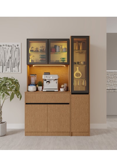 Bambu Midi Sağ Vitrinli Komple Mdf Led Aydınlatmalı Kahve Köşesi