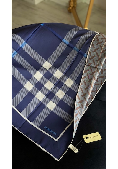 Miorel Scarfs Ekose Desen Çift Taraflı Vual İpek Eşarp Silk Scarfs Hijab Şal Aksesuar Fular Lacivert