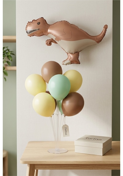 Mat Kahverengi T-rex Retro Dinozor Balon Stand Seti Şeffaf 7 Li Stand + Dinozor Folyo Balon 64 40 Cm + 7 Lateks Balon