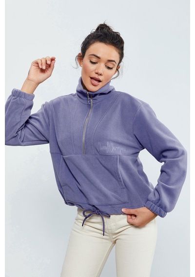 Tommy Life Açık Eflatun Yarım Fermuar Etek Ucu Büzgülü Kadın Polar Oversize Sweatshirt - 97171 Eflatun