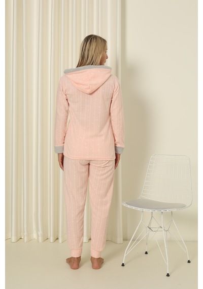 Wordex Fawn 3900 Peluş Welsoft Polar Kışlık Kapşonlu Kadın Pijama Takımı Soft Pembe
