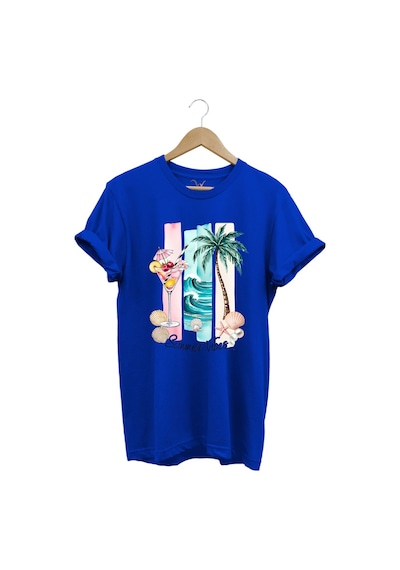 Summer Vibes Yaz Temalı Kokteyl, Palmiye Ve Deniz Desenli %100 Pamuk Regular Fit T-shirt Mavi
