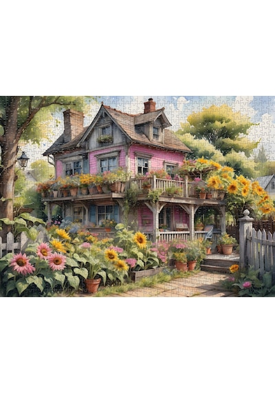 Nova Puzzle 1000 Parça Ayçiçekli Pembe Ahşap Ev Puzzle - Pembe Köy Evi