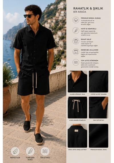 Erkek Premium Kumaş Modal Şort Slim Fit Takım Siyah 2018dngr