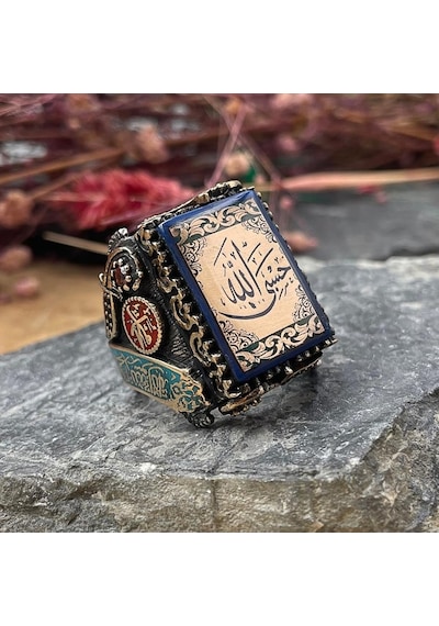 925 Ayar Gümüş Hasbi Allah Yazılı Büyük Kasa Usta İşi Erkek Yüzük Gümüş
