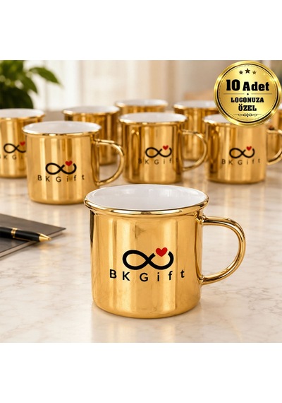 Logonuza Özel 10 Adet 300 Ml Porselen Altın Enamel Kupa Bardak Kurumsal Hediye Seti Çok Renkli