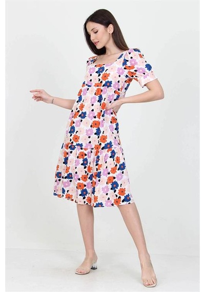 Neşeli Butik Kadın Pudra Kare Yaka Eteği Fırfırlı Çiçek Desenli Viskon Elbise Nb10026 Pudra