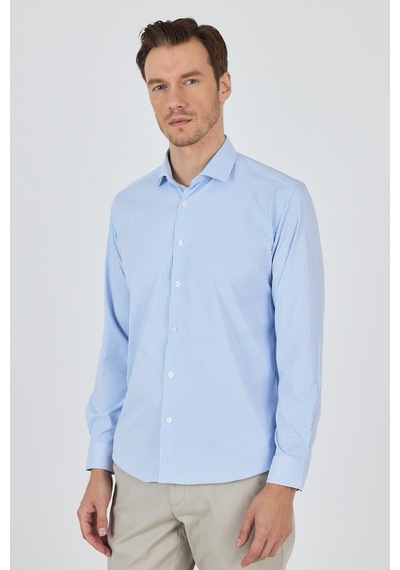 İmza Uzun Kol Çizgili Desen Bez Ayağı İtalyan Yaka Cepsiz Esnek Classic Slim Fit Gömlek 1004250200 Beyaz