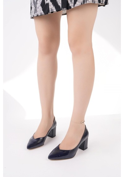 Nesilshoes Nesil Shoes Senyo K65 Laci Rugan Baskı Topuklu Kadın Ayakkabı Lacivert