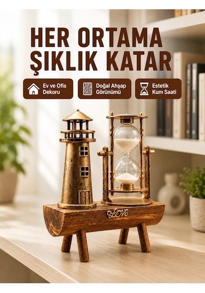 Ahşap Kum Saati Ve Deniz Feneri Figürü Bir Arada - Ev & Ofis Dekorasyonu Yeni Nesil