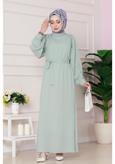 Sevitli Omuzu Taş Detaylı Rose Elbise-mint Yeşili-4775 Mint Yeşili