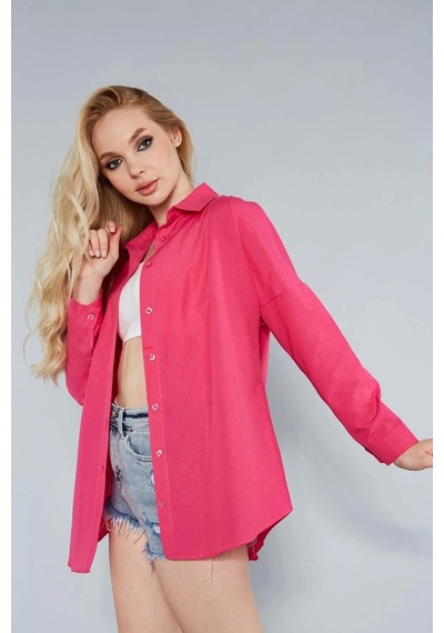 Meecy Kadın Koyu Pembe Oversize Uzun Basic Gömlek Koyu Pembe Koyu Pembe