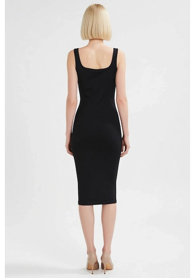 Benerly Kadın Midi Bodycon Örme Elbise Kare Yaka Kalın Askılı Viskoz Liyo Siyah