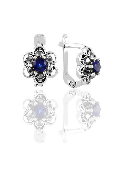 Gümüş Markazit ve Safir Taşlı Çiçek Modeli Küpe