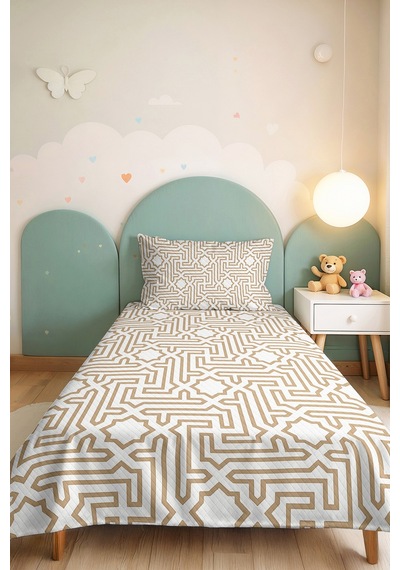 Bej Geometrik Genç Odası Tek Kişilik Pike Takımı - Ekru İskandinav 160x220 Cm Kapitone Yatak Örtüsü Mat Kahve İzi