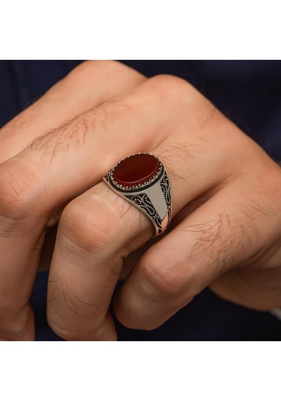 Akik Oval Taşlı 925 Gümüş Yüzük Beyaz