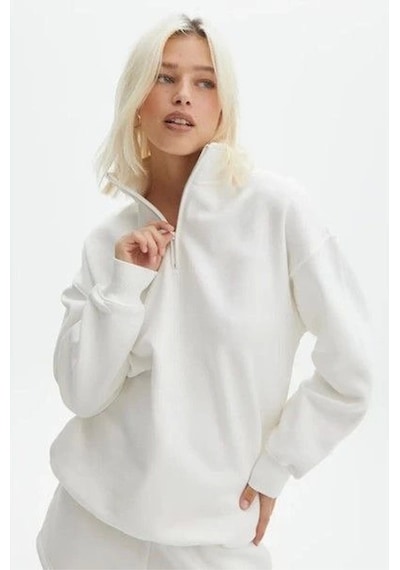 Unisex Uzun Kol Yarım Farmuarlı Yakalı Basic Sweatshirt - Beyaz
