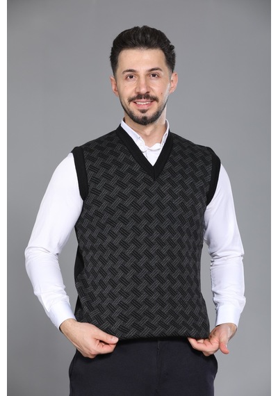 Kzc Tekstil Erkek Baba Ve Orta Yaş Desenli Akrilik Kalın Dokulu V Yaka Triko Süveter Siyah