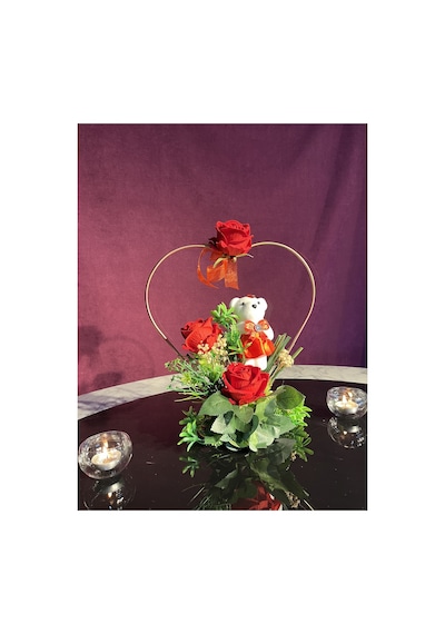 Rose Gold Metal Kalp Çerçeveli Ayıcık Ve Gül Hediyelik Aranjman