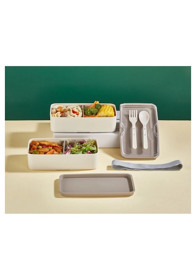 Lunch Box 2 Katlı Krem Çatal Kaşıklı Saklama Kabı 1003 Beslenme