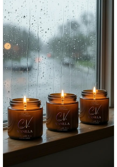 3 Lü Vanilya Kokulu Aromaterapi Mum %100 Doğal Soya Wax Kapaklı Amber Cam Krem Renk 100 Cc Amber