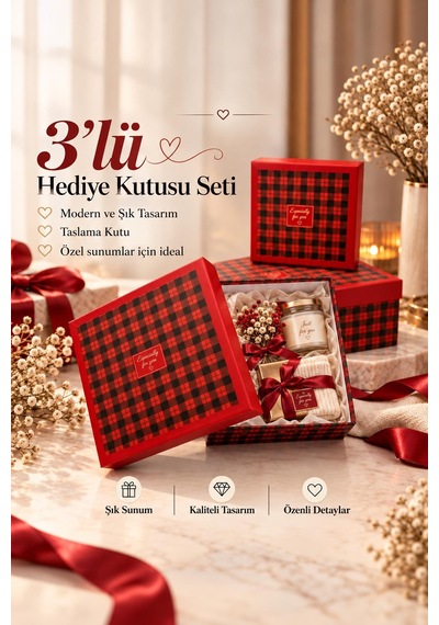 Kolix Hediyelik 3'lü Dekoratif Kutu Kırmızı-siyah İskoç Desen Premium Paketleme Kutusu