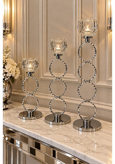Modern 3 Lü Krom Dekoratif Şamdan Mumluk Seti 32 -26-22cm Gümüş Gümüş