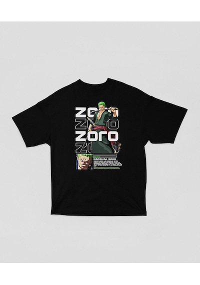 Tasarım Roronoa Zoro Baskılı Unisex Oversize Anime Karakter Tişör SIYAH