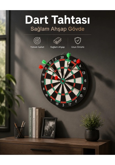 Mey İthalat Duvara Monte Sağlam Ahşap Gövdeli Dart Tahtası Ev Ve Oyun Alanları İçin 17 İnç