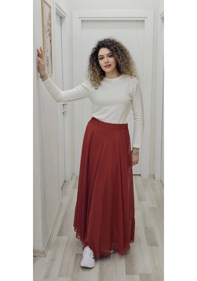 Lodmela Bel Lastikli Kloş Şifon Etek 6003-kiremit Kiremit