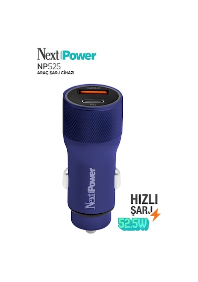 Next Power 52.5w Araç İçi Hızlı Şarj Aleti Type-c + Usb Güç Adaptörü Oto Çakmaklık - Mavi