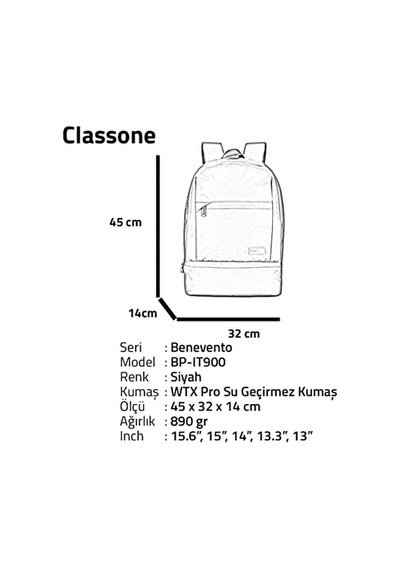 One Bp-ıt900 Benevento Serisi 15,6su Geçirmez Kumaş,su Geçirmez Fermuar, Laptop,notebook Sırt Çantası-siyah Genel