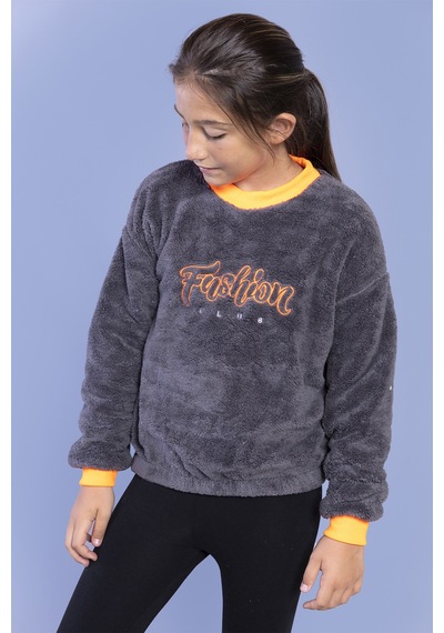 Toontoy Kız Çocuk Nakışlı Peluş Sweatshirt Antrasit