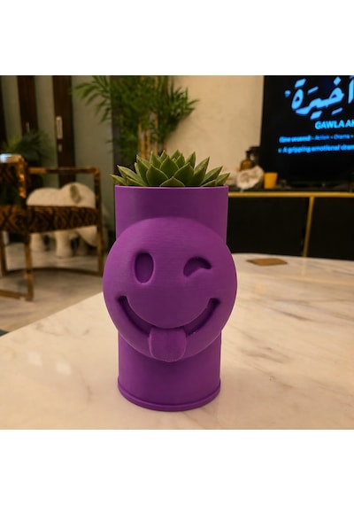 3d Baskı Emoji Planter - Göz Kırpan Yüzlü Sukulent Saksısı-mor Çok Renkli